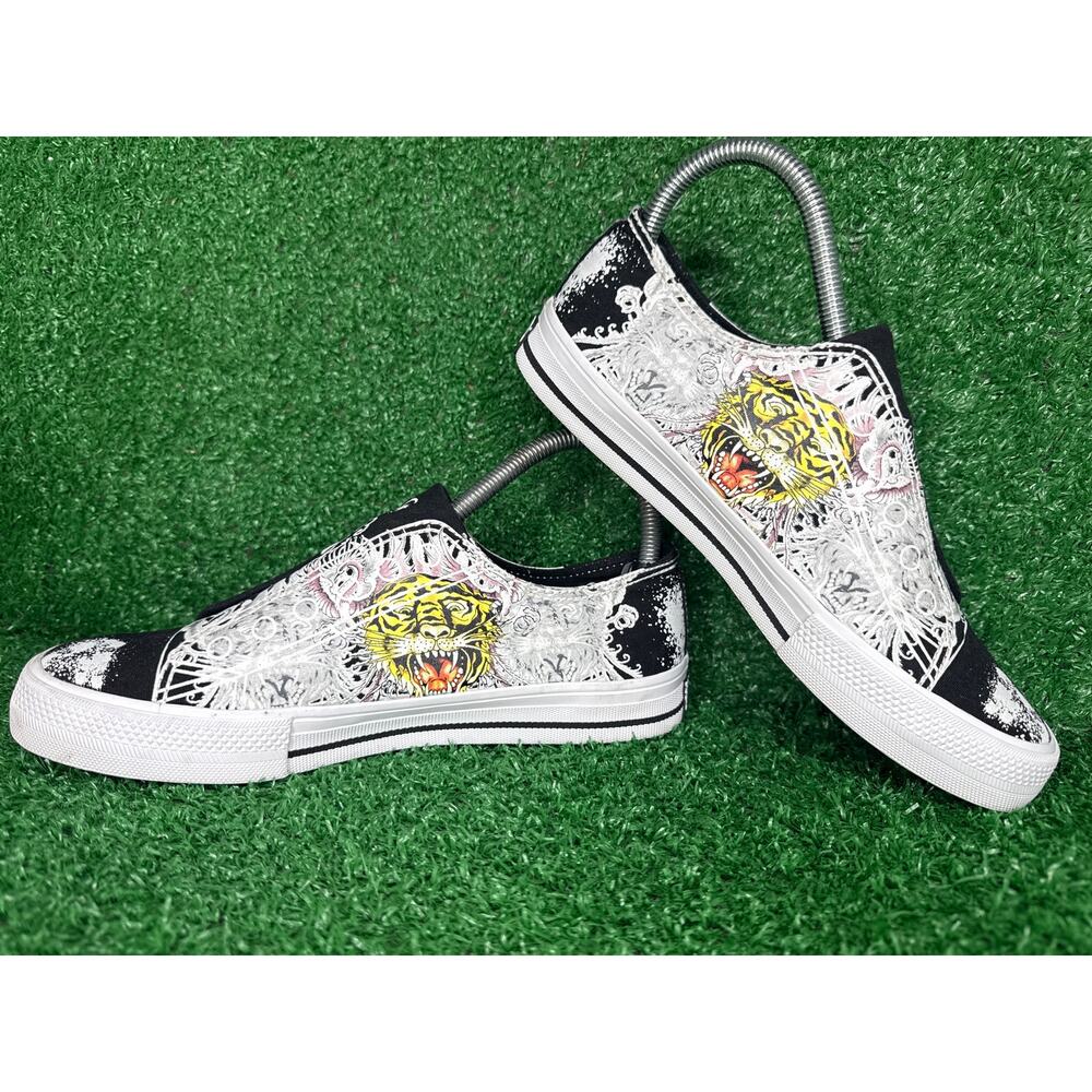 VTG Ed Hardy Christian Audigier Black Tiger Skull Laceless Sneakers Shoes Sz 7 - Picture 3 of 8